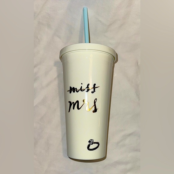 Kate Spade Miss To Mrs. In Gold, 
Off White Tumbler With light Blue Straw - Picture 1 of 13